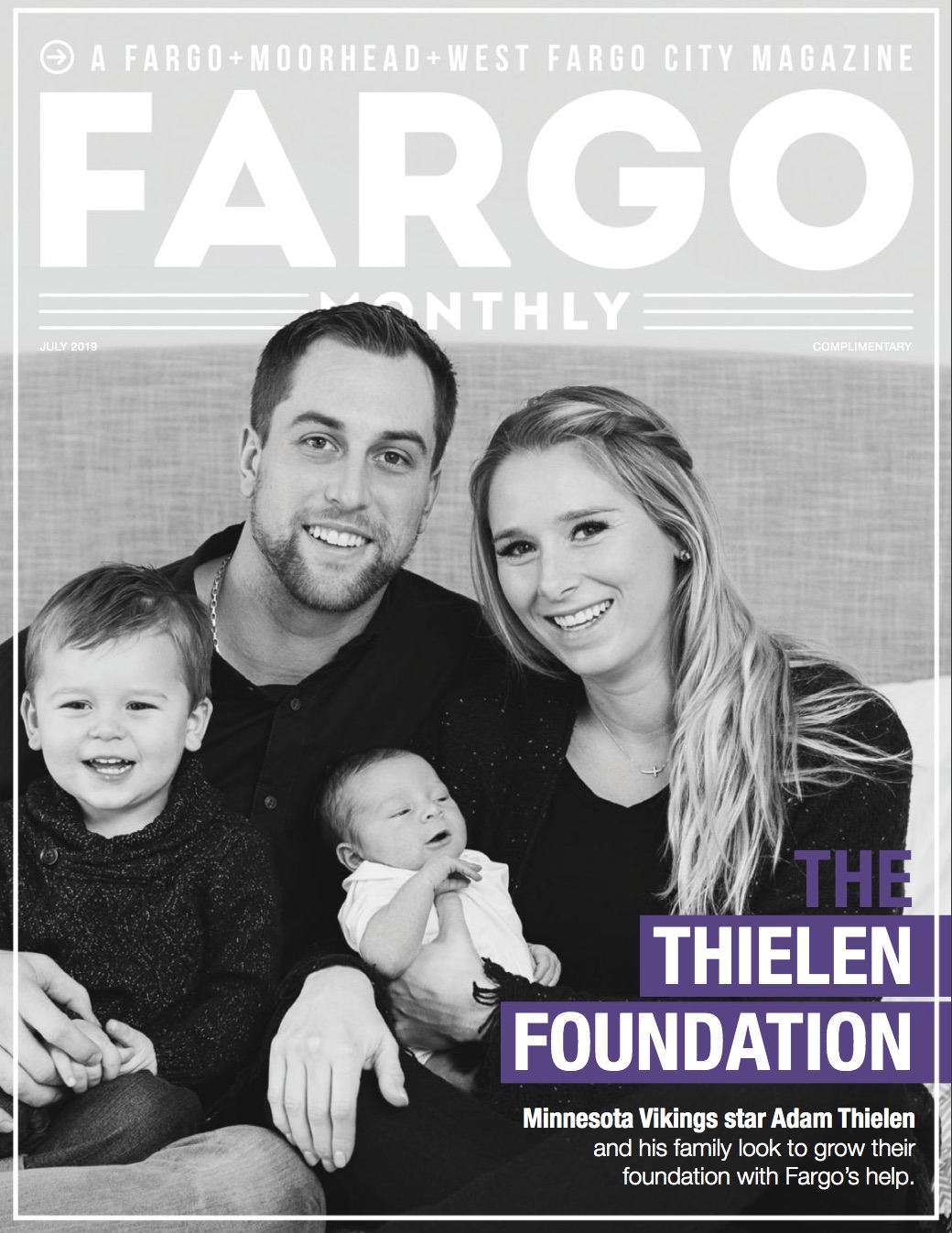 Adam Thielen and his family on the cover of Fargo Monthly to discuss the Thielen Foundation