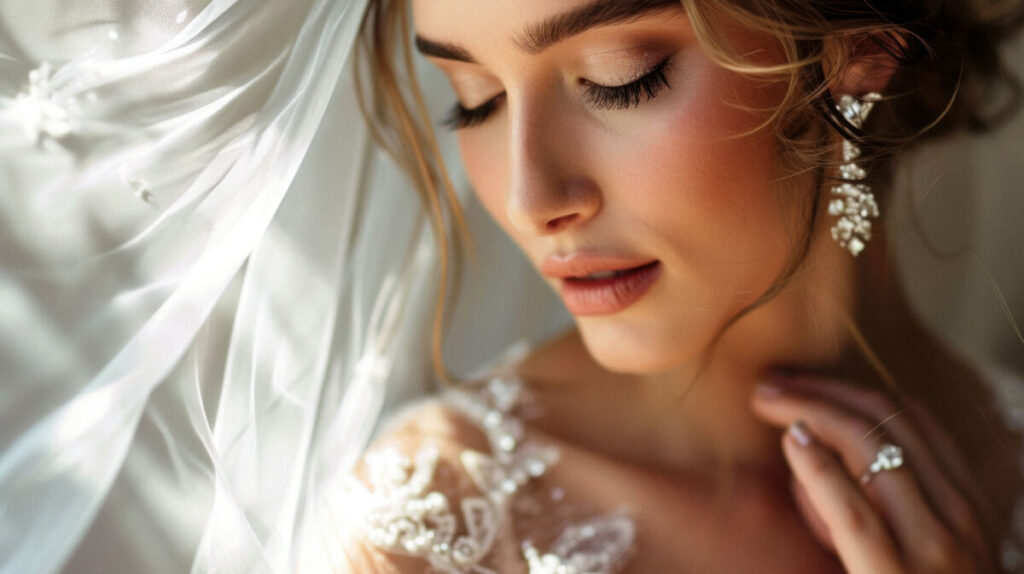close up photo of a bride's face, highlighting her makeup with her veil flowing over behind her