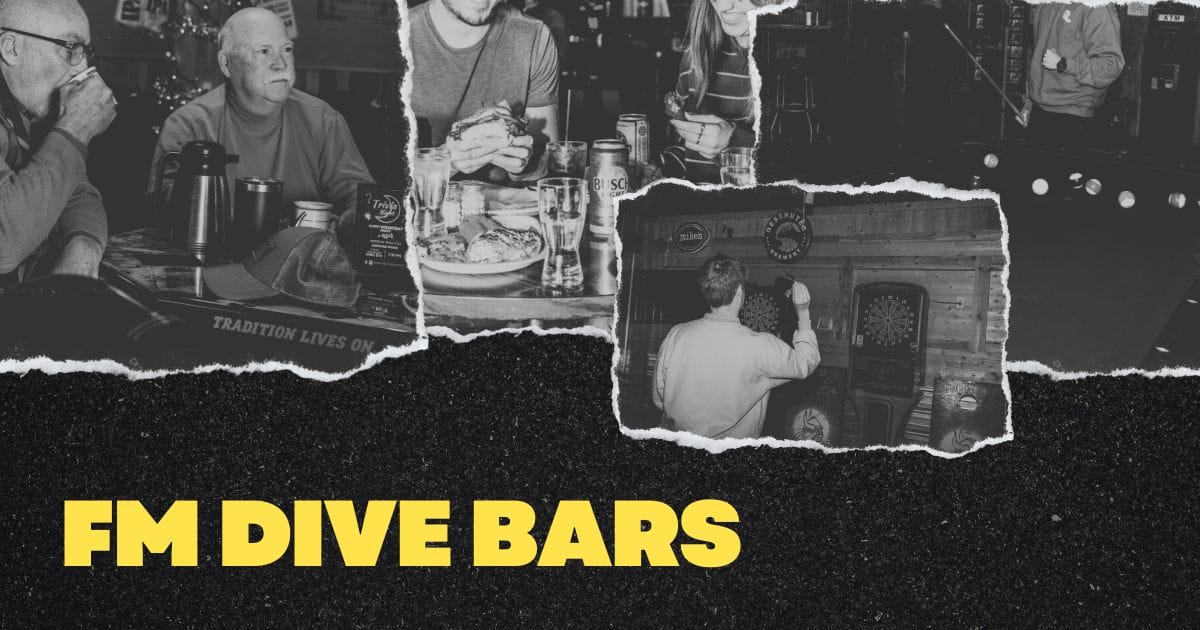 text saying FM Dive Bars with cutout images of dive bars