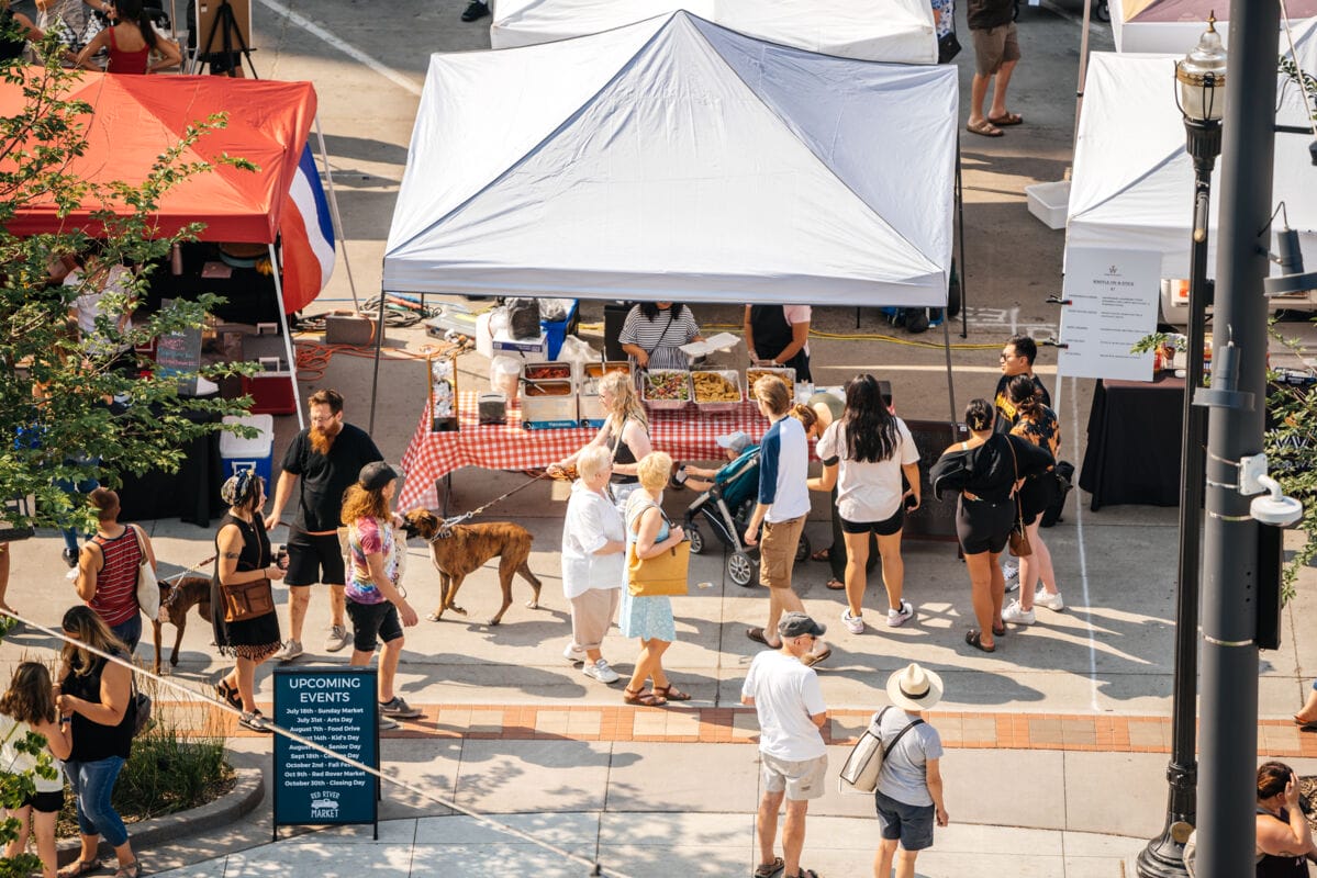 top down view of market families walking 1