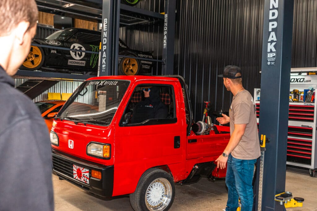 japanese red truck with test dummy