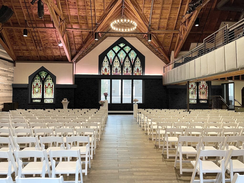 inside a venue with stainted glass